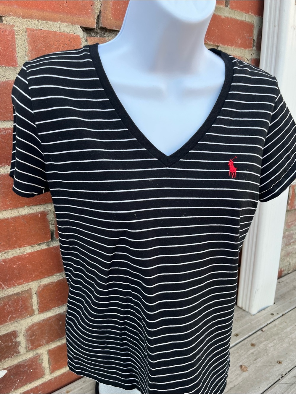 Ralph Lauren Black Striped V-Neck Polo Tee with Red Accent